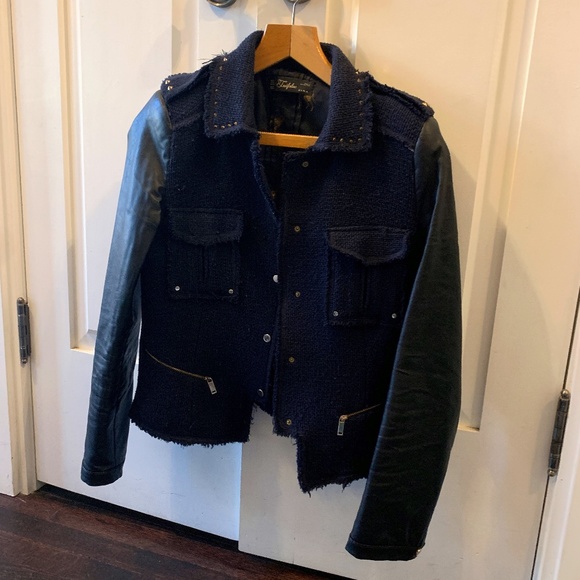 Leather and navy tweed jacket - Picture 1 of 7